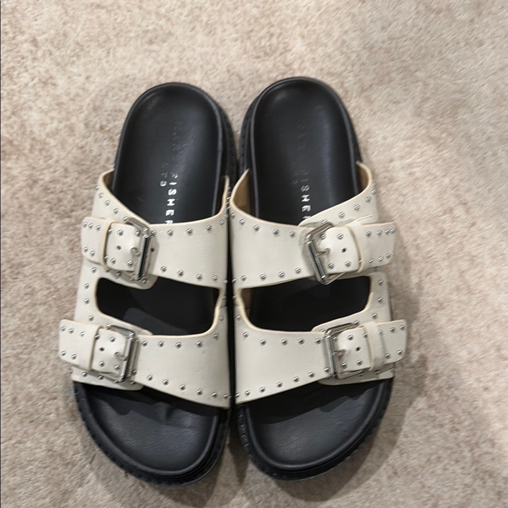 Dual Buckle Studded Sandal - Cream/Black